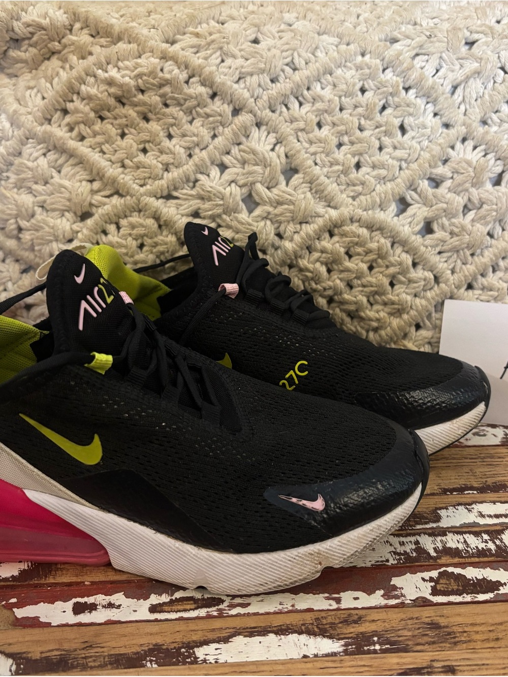 Nike Kids Black Sneakers with Pink and Neon Yellow Accents